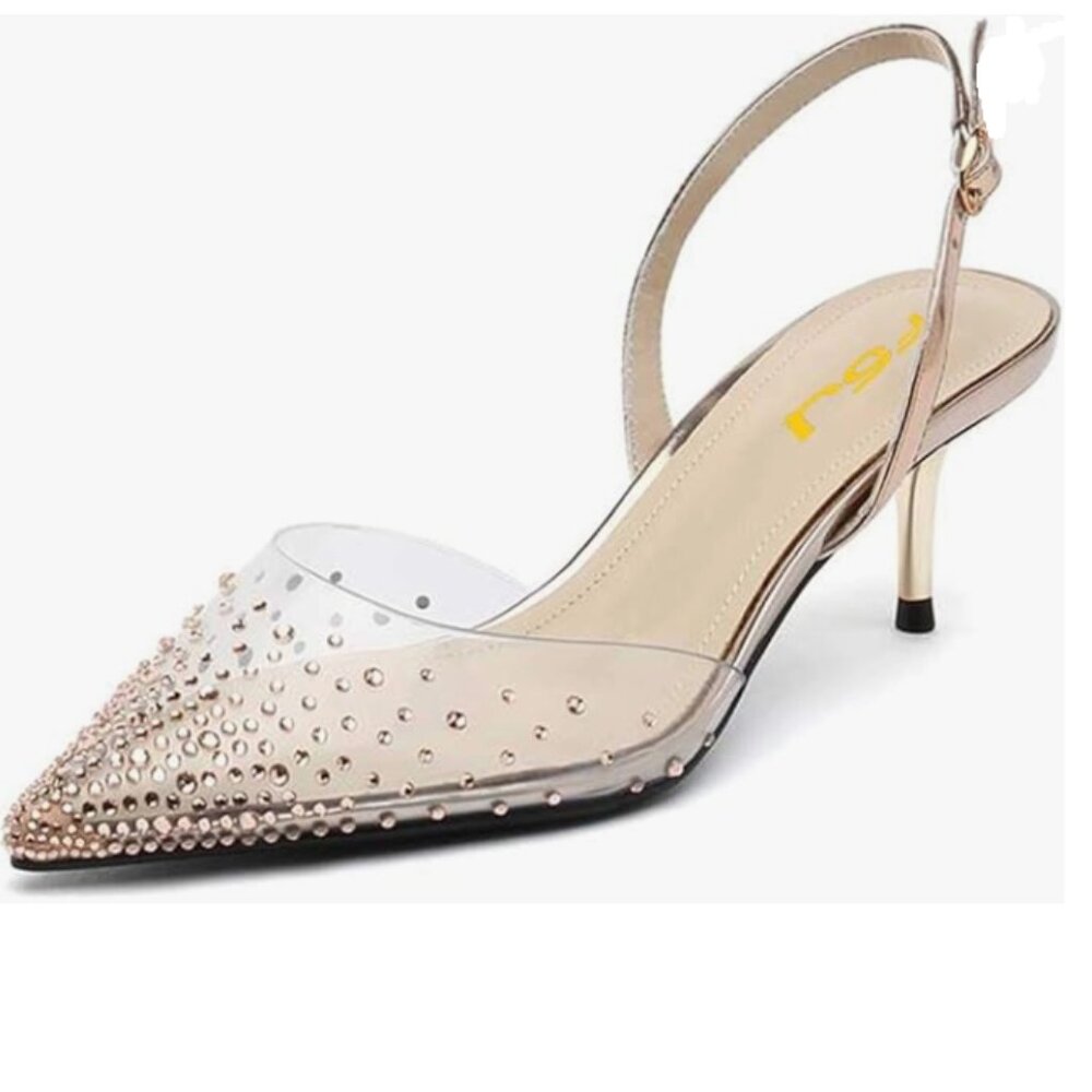 FSJ Moccasin Crystal Studded Clear Pumps Sparkle Slingback Low Heel Sandals